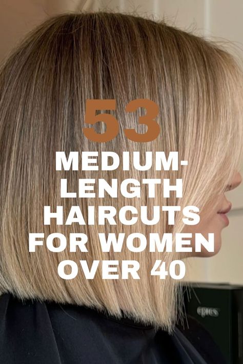 A sleek medium-length bob hairstyle with soft layers and a polished finish, ideal for women over 40 seeking a sophisticated look. Hair For 43 Year Old, Haircuts For 47 Year Old Women, Bob Haircuts For Women Over 40, Hair Cuts For Women In There 40s, Tapered Bob Haircut Shoulder Length, Shoulder Length Hair 40 Year Old, 40 Hairstyles Over 40 Shoulder Length, Medium Length Blonde Layers, Medium Length Haircut For Women In 40s