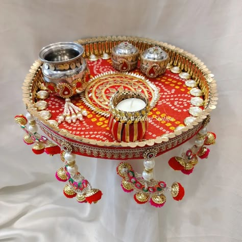 Pooja Thaali are ready to dispatch . Includes - Pooja Thaali Lota 2 boxes ( Roli / Chawal ) 1 candel Order yours now.. . Dm or WhatsApp 9557243888 / 9758751617 Karwa Chauth Plate Decoration, Pooja Thali Decoration Ideas Diy, Decorate Thali For Wedding, Aarti Thali Decoration Ideas For Wedding, Plate Decoration Ideas, Aarti Decoration Thali Ideas, Karwachauth Thali Decoration Ideas, Haldi Thali Decoration Ideas, Tray Decoration Wedding