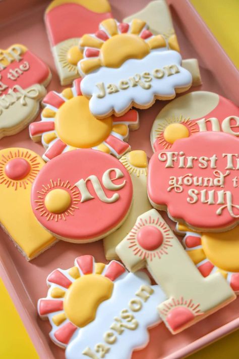 1st Trip Around The Sun Cupcakes, One In The Sun First Birthday Girl, One In The Sun Cookies, First Trip Around The Sun Cookies, Sun Themed Food, Sunshine Cookies, Sunshine First Birthday, First Birthday Cookies, Cookies Theme