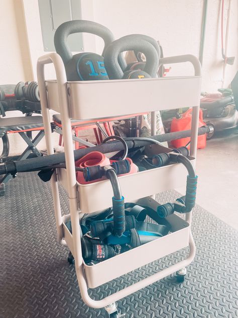 How To Store Workout Equipment, Gym Cart, Spare Room Gym, Workout Organization, Concrete Weights, Kettlebell Storage, 3 Tier Cart, Metal Utility Cart, Gym Must Haves