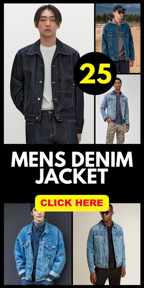 Mens Denim Jacket: Stay stylish with a mens denim jacket, a versatile piece for any outfit. Perfect for street styles and casual looks, these jackets come in different prices and colors, including black, blue, and red. Choose from trendy options like oversized, sleeveless, or hand-painted designs. Ideal for summer and fall, this jacket fits seamlessly into any wardrobe, providing endless outfit ideas for men. How To Style Jean Jacket Men, Mens Jean Jacket Outfit, Outfit Ideas Classy Casual, Mens Denim Jacket Outfit, Outfits With Denim Jacket, Denim On Denim Outfit Men, Denim Jacket Outfit Ideas, Jean Jacket Outfits Men, Denim Jacket Men Outfit