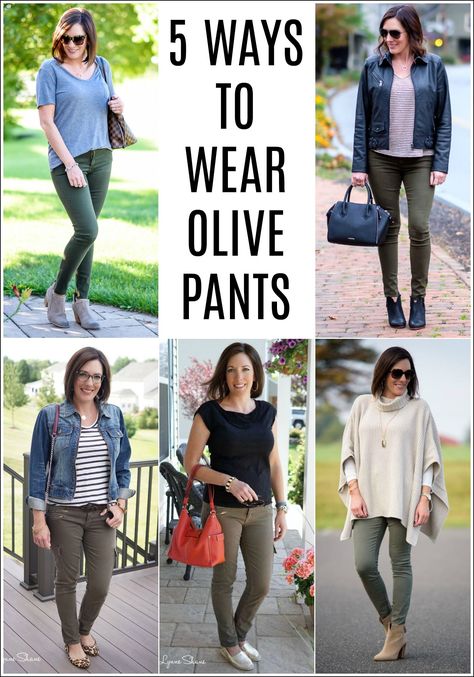 Olive pants or jeans are a great wardrobe essential to have in your arsenal, especially as we head into spring. I tend to pair mine with other neutrals, but you can definitely throw in a pop of color or leopard print here and there.Here are 5 ideas for ways to style your olive pants this season Green Kacki Pants Outfit, Olive Green Pants Outfit Summer, How To Style Olive Green Pants, Hunter Green Pants Outfit, Outfits With Olive Green Pants, Outfits With Green Pants, Olive Jeans Outfit, Olive Skinnies, Olive Outfit