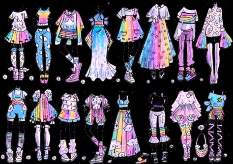 CLOSED-Sky Rainbow outfits by Guppie-Vibes on DeviantArt Fashion Drawing Sketches, Clothing Sketches, Clothing Design Sketches, Rainbow Outfit, 다크 판타지, Drawing Anime Clothes, Fashion Design Drawings, Drawing Clothes, Kawaii Drawings