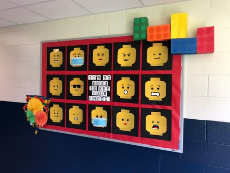 Lego Hallway Decorations, Lego Classroom Door, Lego Classroom Decorations, Lego School Theme, Lego Bulletin Board, Lego School, Lego Classroom Theme, Lego Classroom, Inspirational Bulletin Boards