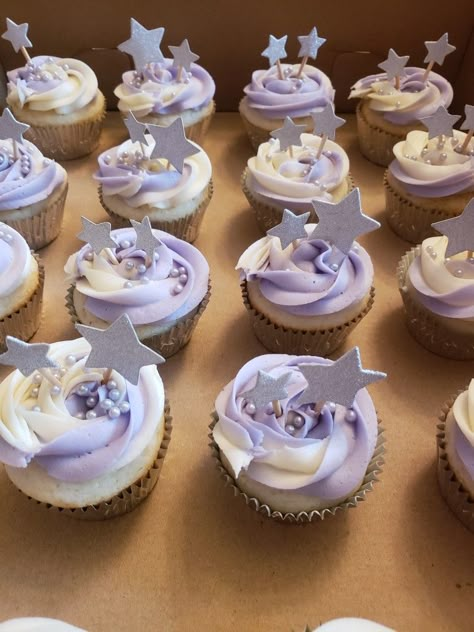 Moon Themed Cupcakes, 2 The Moon Cupcakes, Two The Moon Birthday Cupcakes, Purple Star Birthday Party, Star Themed Cupcakes, Star Shaped Cupcakes, Moon And Star Cupcakes, Over The Moon Cupcakes, Two The Moon Cupcakes