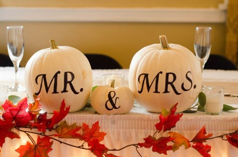 Love this for the bride and groom table at the reception! Photo by: @kybellaphotos Mr And Mrs Pumpkins Wedding, Bride And Groom Pumpkins, Fall Wedding Centerpieces Rustic Table Decorations White Pumpkins Wedding, Fall Bride And Groom Table, Fall Wedding Reception Ideas Indoor, Fall Wedding Ideas On A Budget, The Bride And Groom Table, 2026 Wedding, Bride And Groom Table