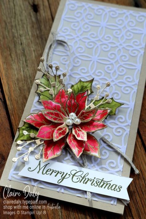 Stampin Up Plush Poinsettia Specialty Paper, Plush Poinsettia Stampin Up Cards, Slimline Christmas Card Ideas, Poinsettia Christmas Cards, Pointsetta Christmas Cards, Stampin Up Slimline Christmas Cards, Stampin Up Poinsettia Cards, Stampin Up Poinsettia Petals, Poinsettia Petals Stampin Up Cards