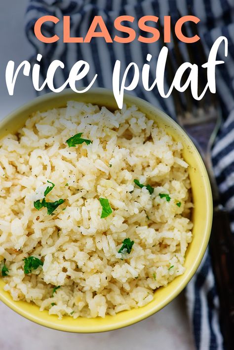 This rice pilaf recipe is a staple in our house. So simple to make in one dish and the rice turns out perfect every time. Best Rice Pilaf Recipe, Homemade Rice Pilaf Recipes, Garlic Rice Pilaf, Easy Rice Pilaf, Near East Rice Pilaf Recipe, Cheesy Potatoes Recipe, Rice Pilaf Recipe, Rice Side Dish Recipes, Rice Side