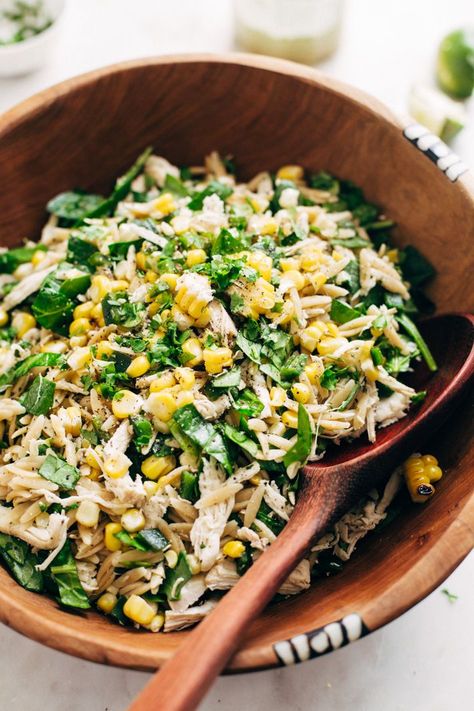 Chicken Orzo Salad, Corn And Poblano, Orzo Salat, Corn Chicken, Poblano Peppers, Chicken Orzo, Vinaigrette Recipe, Lime Vinaigrette, Orzo Salad