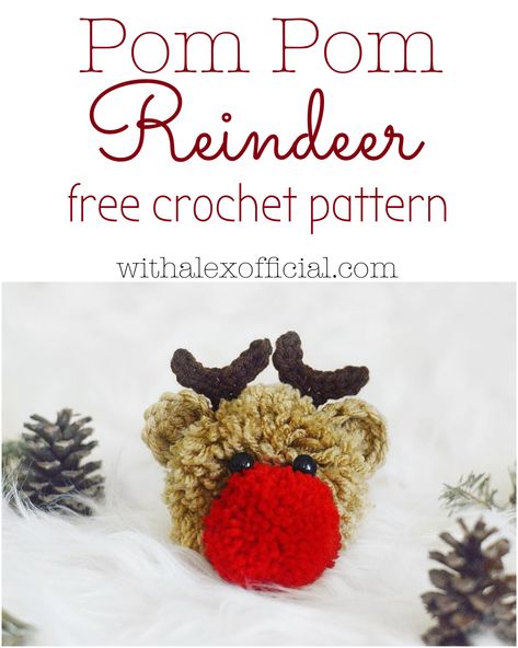 Free crochet pattern by With Alex. Cute, fun and easy. Made from 2 pom poms, crocheted ears, crochet antlers and safety eyes. Great gift or decoration! Crochet Antlers, Crochet Reindeer Ornament Free Pattern, No Sew Reindeer Crochet, Crochet Reindeer Ornament, Mini Reindeer Crochet Pattern, Christmas Pom Pom Crafts, Reindeer Crochet Ornament, Pompon Diy, Pom Pom Animals