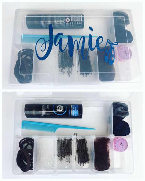 Dance Hair Box – Organisation – Be A Fun Mum Dance Organization Ideas, Dance Box Ideas, Ballet Hair Supplies, Dance Competition Organization Ideas, Dance Recital Organization, Dance Competition Necessities, Dance Makeup Bag, Dance Survival Kit Diy Gift Ideas, Dance Competition Organization