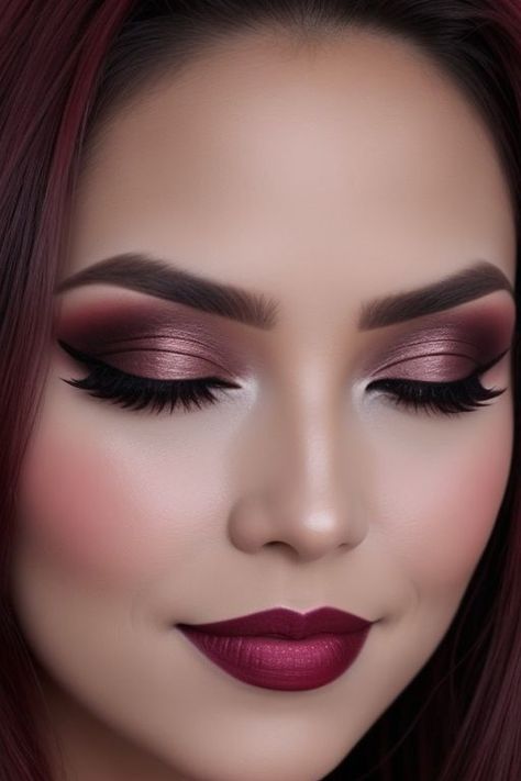 Wine Red Makeup, Wine Eye Makeup, Teknik Makeup, Maquillage Yeux Cut Crease, Evening Eye Makeup, Christmas Eye Makeup, Eye Makeup Images, Wedding Eye Makeup, Wine Hair