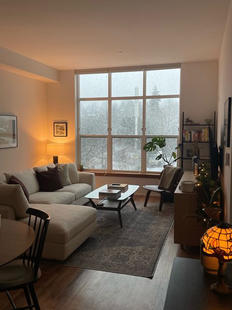 Apartment Living Room Big Windows, Tall Window Living Room, Open Layout Apartment Decor, Apartment Dark Wood Floors, Nice Studio Apartment, Galley Kitchen Living Room Combo, Cozy Nyc Apartment Living Room, 100 Sq Ft Living Room, Cozy First Home