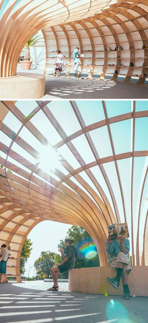 Street Library, Timber Architecture, Modern Architecture Interior, Pavilion Architecture, Pavilion Design, Library Architecture, Parametric Architecture, Wood Architecture, Design Library