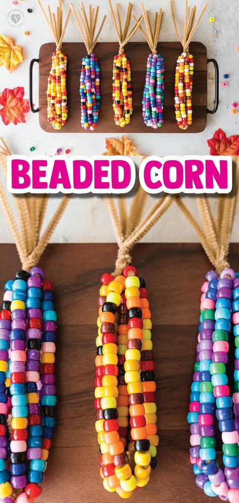 Beaded corn made with pipe cleaners is a fall craft that is easy and beautiful! This colorful pipe cleaner beaded corn can be used for decoration this fall all the way through Thanksgiving. Pony Bead Indian Corn Craft, Fun Fall Arts And Crafts For Kids, Thanksgiving Crafts School Age, School Aged Crafts, Easy Kid Crafts For Fall, Fall Activities To Do With Kids, Corn Beads Craft, Cornucopia Crafts For Kids, Fall Crafts To Do With Kids