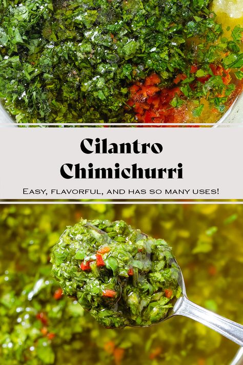 This delicious homemade Cilantro Chimichurri is a fresh cilantro spin on the traditional Argentinian chimichurri made with fresh parsley. It has a bright flavor and a ton of uses! This sauce is delicious on grilled meats, grilled or roasted veggies, toasted bread, sandwiches, and so much more! It's super easy to make and perfect for spring and summer. Argentinian Chimichurri, Peach Banana Smoothie, Cilantro Chimichurri, Homemade Aioli, Lemon Smoothie, Crockpot Steak, Hot Desserts, Creamy Salad Dressing, Pumpkin Hummus