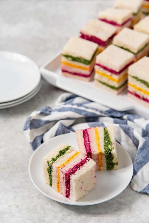 Ribbon Sandwiches (Rainbow Sandwiches) - The Flavor Bender High Tea Finger Food Ideas, Indian Appetizers Vegetarian Finger Foods, Mini Indian Appetizers, Vegetarian Afternoon Tea Ideas, Indian Tea Sandwiches, Indian Finger Food Parties, Indian Potluck Ideas, Rainbow Appetizers, High Tea Party Food