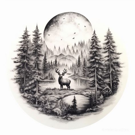 Deer Scene, Forest Tattoo Stencil Outline, Forest Tattoo Design Drawing, Deer Forest Tattoo, Deer In Woods Tattoo, Scenery Drawing, Deer Nature Tattoo, Woodburning Forest Scene, Reflection Tattoo