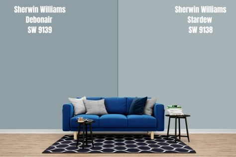 Sherwin Williams Debonair vs. Stardew (SW 9138) Sw Dockside Blue, Dockside Blue Sherwin Williams, Sherwin Williams Debonair, Sherwin Williams Smoky Blue, City Loft Sherwin Williams, Dockside Blue, Van Deusen Blue, Blue Paint Color, Sherwin Williams White