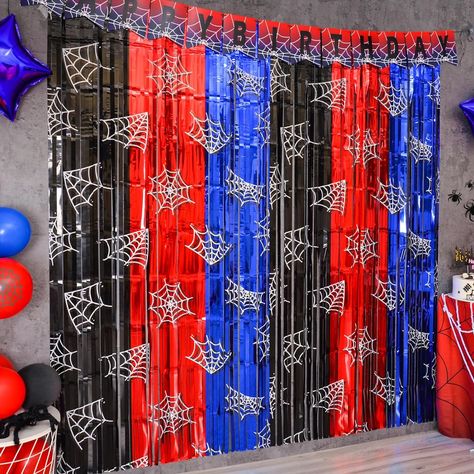 Amazon.com: Bupelo Spider Web Birthday Decorations, 2 Pack Spider Party Supplies 3.3x6.6ft Tinsel Foil Fringe Curtains, Red Black, and Blue Photo Booth Prop Backdrop Streamer, Birthday Decor, Party Decor for Boys : Home & Kitchen Wrapping Paper Backdrop, Spider Party, Red And Black Spider, Fringe Curtains, Boys Home, Photo Booth Prop, Curtain Fringe, Blue Photo, Spiderman Birthday