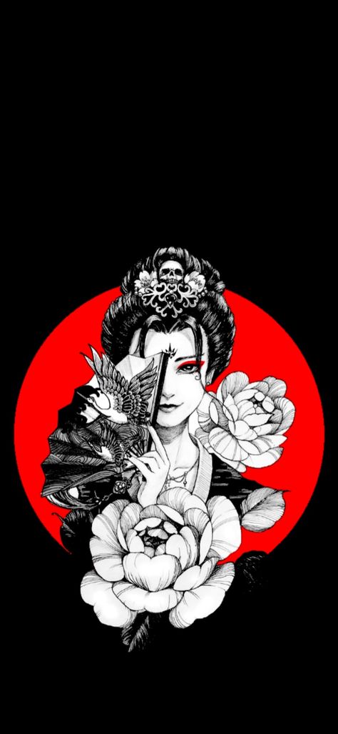 Japanese Yakuza Wallpaper, Geisha Wallpaper Iphone, Geisha Art Tattoo, Wallpaper For Amoled Display, Red Art Wallpaper, Wallpaper For Amoled, Japanese Pop Art Wallpaper, Yakuza Logo, Asian Pop Art