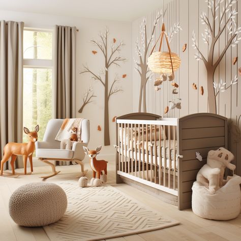 This theme brings the outdoors inside with a woodland-inspired nursery. Natural wood furniture, forest animal prints, and earthy tones make the room feel cozy and nurturing. Incorporate tree-themed wall decals and plush woodland creatures for a playful touch. Nursery Natural Wood, Garden Nursery Theme, Woodland Baby Room, Wonderland Nursery, Woodland Creatures Nursery, Woodland Wonderland, Simple Nursery, Animal Nursery Theme, Natural Wood Furniture