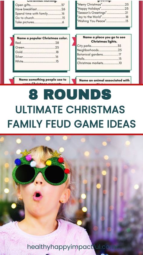 Child wearing festive sunglasses, surrounded by ideas for Christmas-themed Family Feud game rounds. Easy Holiday Family Games, Christmas Feud Game, Christmas Family Fued Questions Free, Christmas Newlywed Game Questions, Family Feud At Home, Free Printable Family Feud Christmas Questions, Family Fued Christmas Game, Holiday Family Feud Questions, Family Fued Christmas