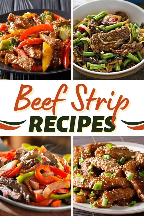 Beef Strip Recipes Beef Loin Strip Steak Recipes Crockpot, Ribeye Strip Recipes, Sliced Beef Strip Recipes, Easy Beef Strip Recipes, Beef Sirloin Strip Steak Recipes, Recipes With Strip Steak, Recipes With Sliced Steak, Beef Steak Strips Recipes, Strip Beef Recipes