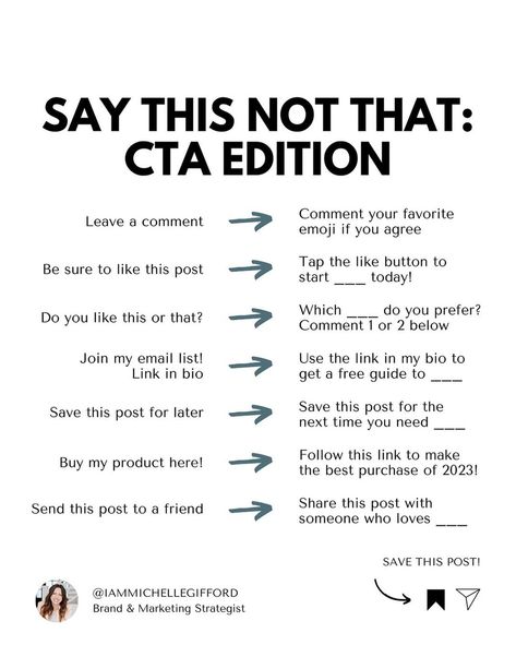 Stop with the boring calls to action! 🛑 Try using these CTA’s at the end of your captions for your next week of posts and let me know how it goes? I’m predicting your engagement is going to spike! 📈 Be sure to SAVE this post for the next time you get in a rut! You’ll thank me later! 😉 #cta #calltoaction #marketingstrategy #instagramtips #onlinesmallbusiness #instagramhelp #socialmediamanager #socialmediaagency #instagramexpert #instagramgrowthtips Calls To Action, Social Media Content Planner, In A Rut, Youtube Channel Ideas, Social Media Marketing Plan, Social Strategy, Caption For Yourself, Social Media Marketing Content, Instagram Help