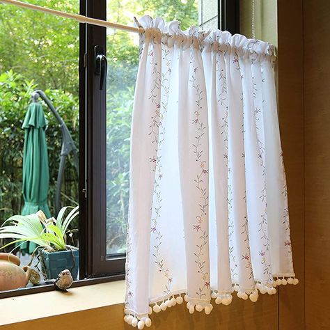 A.Monamour Short Curtain for Small Window White Cotton Botanical Flowers Embroidery with White Pom Poms Tassels Window Panel Drapes Half Curtain for Kitchen Café Bedroom Cabinet Curtain Door Curtain : Amazon.co.uk: Home & Kitchen Cafe Window, Half Curtains, Small Window Curtains, Tier Curtains, Tassel Curtains, Short Curtains, Chic Bathrooms, Modern Curtains, Beaded Curtains