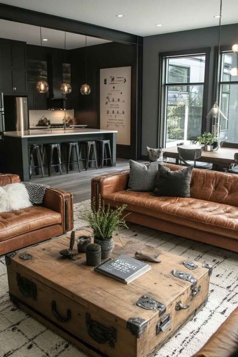 Elegant industrial living room blending rugged and refined design elements. Industrial Home Decor Living Room, Edgy Modern Living Room, Ikea Industrial Living Room, Industrial Chic Apartment, Industrial Glam Interior Design, Luxury Industrial Interior Design, Dark Academia Industrial, Industrial Apartment Aesthetic, Industrial Farmhouse Interior Design