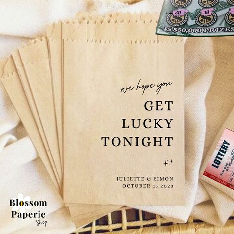 These "We Hope You Get Lucky Tonight" bags are the perfect lottery ticket/ scratcher favors for your wedding, engagement party, or bridal shower. They make the perfect wedding favors bags and will leave your guests smiling in awe. Add a fun and personalized touch to your wedding favors. To order, simply provide your details in the personalization box. Check out all the other goodies in our shop here: https://blossompaperieshop.etsy.com ♥ WELCOME TO BLOSSOM PAPERIE SHOP ♥ At Blossom Paperie, we b Baby Shower Favors Lottery Tickets, Winterwonderland Lotto Basket, Lotto Love Wedding Favor, Puzzle Piece Wedding Favors, We Hope You Get Lucky Tonight, 40th Birthday Lottery Tickets, August Wedding Favors For Guests, Wedding Lotto Ticket Favor, Wedding Lottery Ticket