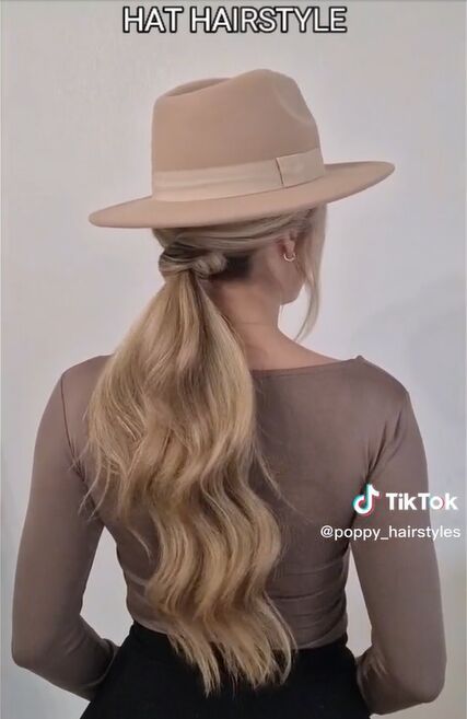 This is a guide on a cute hairstyle with a hat. Learn how to create a ponytail that's perfect to wear with a hat in this quick tutorial. How To Wear A Hat With Long Hair, Hairstyles For Cowboy Hats, Ponytail With Hat, Hairstyles With A Hat, A Cute Hairstyle, Half Ponytail, Cute Hairstyle, A Ponytail, Long Hair Updo