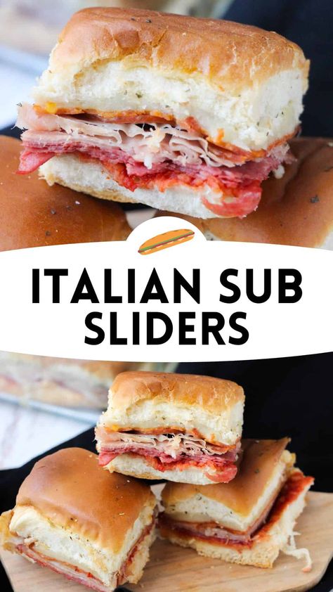 Salami Sliders Recipes Hawaiian Rolls, Hot Italian Sliders, Mozzarella Marinara, Super Bowl Sandwiches, Recipes With Hawaiian Rolls, Italian Food Party, Italian Sliders, Prosciutto Mozzarella, Slider Sandwiches