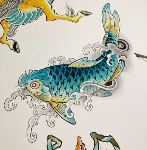 Japanese Fish Tattoo Design, Koi Fish Flash Tattoo, Koi Fish Neotraditional, Koi Fish Artwork, Japanese Fish Drawing, Koi Fish Tattoo Traditional, Traditional Koi Fish Tattoo, Fish Tattoo Japanese, Japanese Koi Fish Tattoo Design