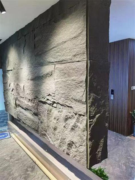 Stone Wall Design Outdoor, Granite Stone Wall, Pu Stone Wall, Room Wall Decoration Ideas, 3d Stone Wall, Gorgeous Living Room, Stone Walls Interior, Stone Wall Panels, Dental Office Design Interiors