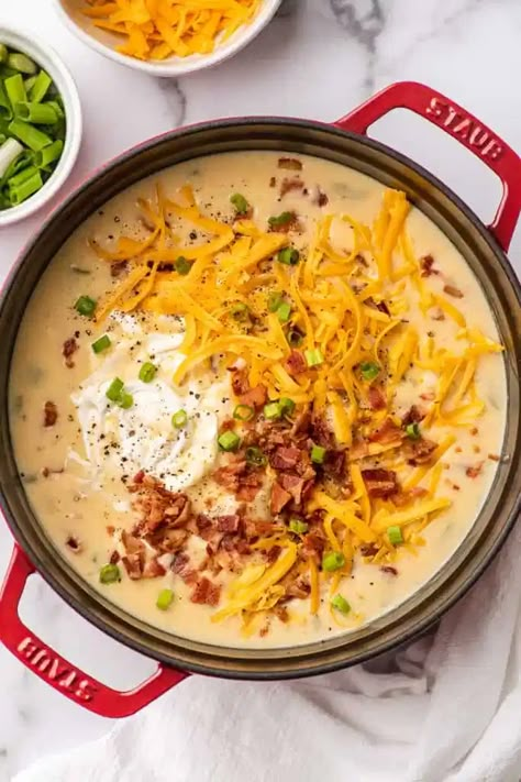 Easy Cheesy Potato Bacon Soup - Baking Mischief Baked Potato Soup With Frozen Potatoes, Cheesy Potato Bacon Soup, Cheesy Potato Pie, Loaded Baked Potato Soup Dutch Oven, Potato Soup In Dutch Oven, Potato Soup Dutch Oven, Dutch Oven Potato Soup, Cheddar Bacon Potato Soup, Cheesy Bacon Potato Soup