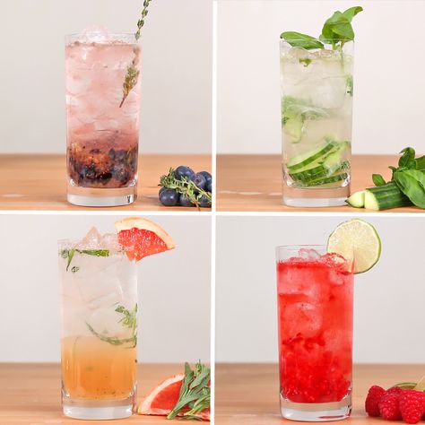 Gin And Tonic 4 Ways Gin Tonic Recetas, Tonic Cocktails, Proper Tasty, Coctails Recipes, Raspberry Vodka, Vodka Lemonade, Gin Drinks, Resep Diet, Gin Fizz