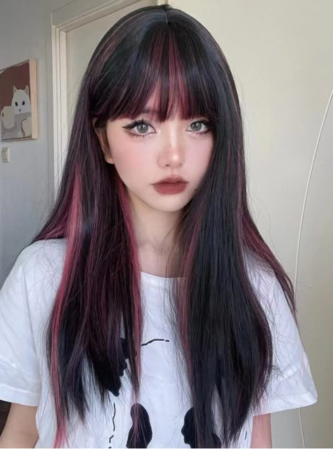 Money Piece Split Dye, Light Front Bangs With Long Hair, Hair Color For Bangs, Hair Highlights With Bangs, Brown Hair With Color Highlights, Colored Highlights In Black Hair, Bangs Colored Hair, Brown Hair With Color, Brown Hair With Peekaboo Highlights