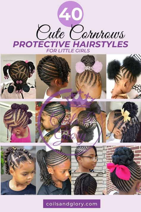 40 Easy Cornrows Protective Hairstyles For Black Girls Age 4-12 - Coils and Glory Kids Conrows Ideas, Girl Braids Hairstyles Black Little Easy Natural Hair, Natural Hair Styles Cornrows For Kids, Kids Twists Hairstyles, Kids Hairstyles Girls Easy Black Natural, Hair Styles For Kids Girls Easy Braids, Cornrow Kids Hairstyles, Cornrows Kids Girl Hairstyles, Toddler Girl Hairstyles Black Braids