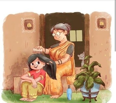 Nani Maa, Paper Boat Memories, Cute Picture Quotes, Mother Daughter Art, Childhood Memories Art, Indian Illustration, Scene Drawing, Cute Sketches, Cartoon Sketches