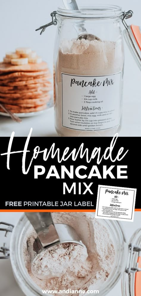 Homemade pancake mix will make breakfast time easier and faster! All dry ingredients are mixed together and stored in a jar for later. It's easily customizable for all your favorite pancakes including blueberry, banana, and chocolate chip! Comes with a beautiful free jar label download. #pancakemix #pantrystaples #pancakes #breakfast #mealprep Dry Pancake Mix Recipe, Pancake Mix From Scratch, Homemade Pancake Mix Easy, Diy Pancake Mix, Healthy Pancake Mix, Homemade Pancake Mix Recipe, Easy Pancake Mix, Gluten Free Pancake Mix, Easy Homemade Pancakes