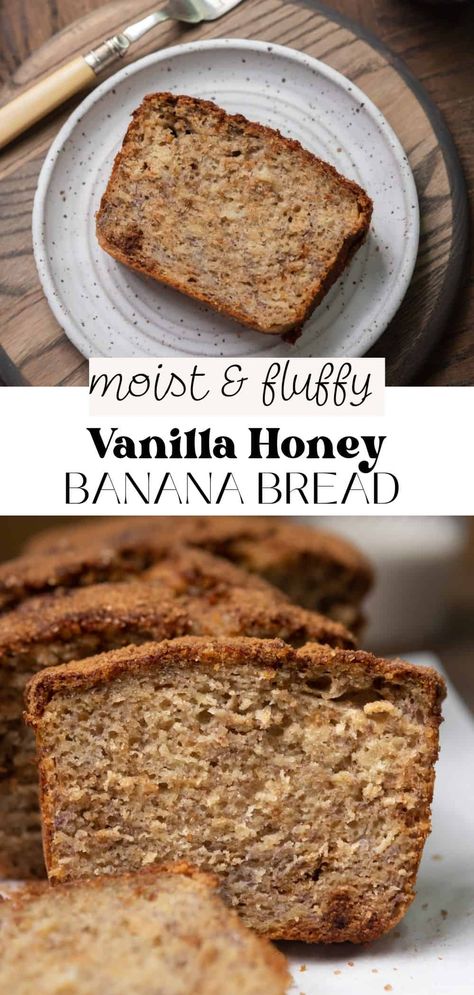 This is the best honey banana bread! It's made with honey instead of sugar, making it incredibly moist with a tender crumb. The sweetness from the honey and bananas paired with subtle spice from the cinnamon makes it a go-to, slightly healthier banana bread recipe to make for breakfast, brunch, or an afternoon snack. Honey Vanilla Banana Bread, Banana Bread Recipe With Honey, Honey Banana Bread, Healthier Banana Bread, Vanilla Honey, Banana Bread Recipe Healthy, Carrot Cake Cookies, Snack Prep, Best Honey