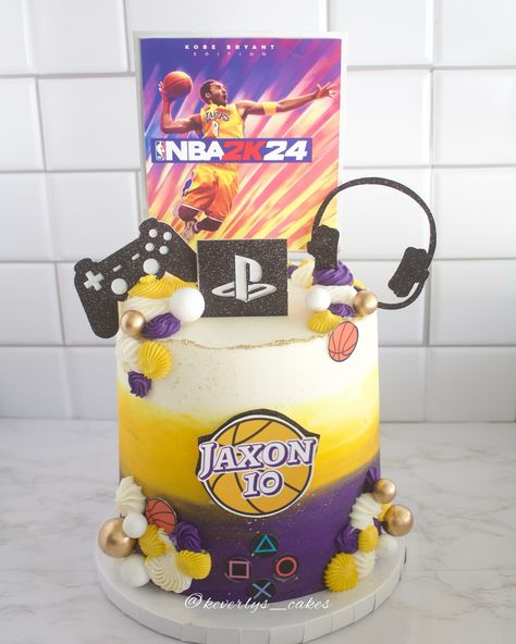 Happy birthday Jaxon 🏀💜💛 NBA 2K24 theme cake 🥳🎮 Vanilla cake with Oreo filling 🍪 #keverlyscakes #cakes #kobecake #nbacake #basketballcake Nba Cake, Nba 2k24, Oreo Filling, Basketball Cake, Cake Vanilla, Theme Cake, Kobe Bryant, Themed Cakes, Vanilla Cake