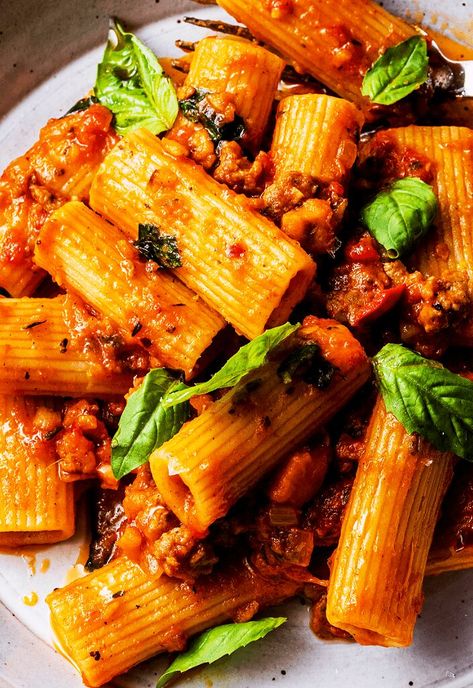 Sweet Potato and Sausage Ragú Sweet Potato Sausage Pasta, Sweet Potato And Pasta, Sweet Potato And Sausage Recipes, Sausage And Sweet Potato Recipes, Sausage Sweet Potato Recipes, Sweet Potato And Sausage, Sunday Pasta, Italian Sausage Spaghetti, Potato And Sausage