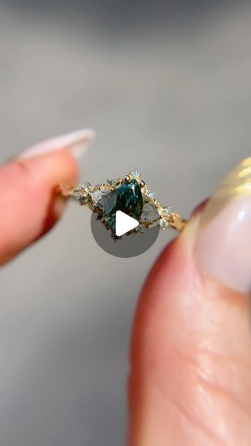 Uma | Engagement Rings on Instagram: "Briar rose three stone with pear teal moissanite (8x5mm) and mint diamond accents 🪞🧚🏻" Briar Rose, Three Stone, Pear, Mint, Engagement Rings, Stone, Instagram