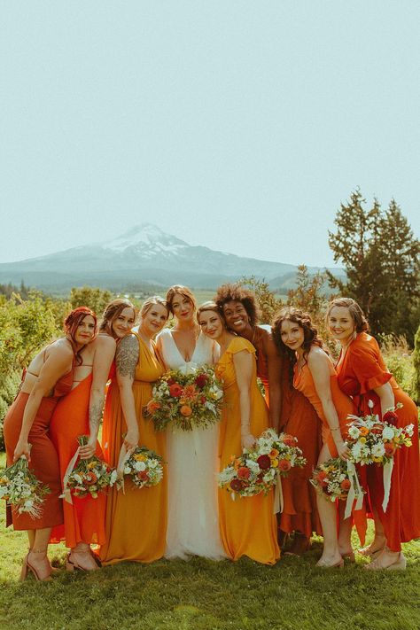 Reverse Wedding Colors, Dark Green Orange Pink Wedding, Orange Color Wedding Theme, Orange Palette Bridesmaid Dresses, Orange Wedding Bridesmaid Dress, Red And Orange Bridesmaid Dresses, Late Summer Wedding Bridesmaid Dresses, Sunset Wedding Bridesmaid Dresses, Non Traditional Bridesmaids