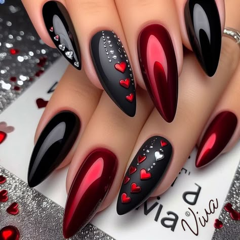 #nails #elegant #cute #summer  #heart  #viva Red Black Nails Ideas, Black And Maroon Nail Designs, Nails Ideas Red And Black, Red And Black Toe Nails, Corset Nails Designs, Pretty Red Nails Design, Gothic Red Nails, Stiletto Nail Art Winter, Red Nail Ideas Acrylic