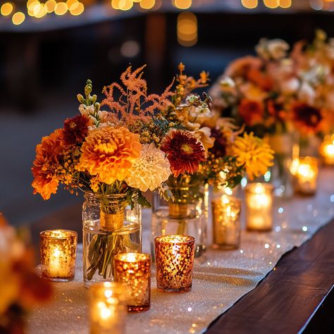 Ten Stunning Fall Wedding Centerpiece Ideas! – Sarah Romanowski Wedding Design Rustic Autumn Wedding Centerpieces, Simple Fall Wedding Reception Decorations, Autumn Orange Wedding, Fall Small Centerpieces For Table, Minimalist Fall Wedding Centerpieces, Simple Fall Wedding Florals, Fall Harvest Wedding Theme, Fall Banquet Centerpieces, Diy Wedding Centerpieces Fall