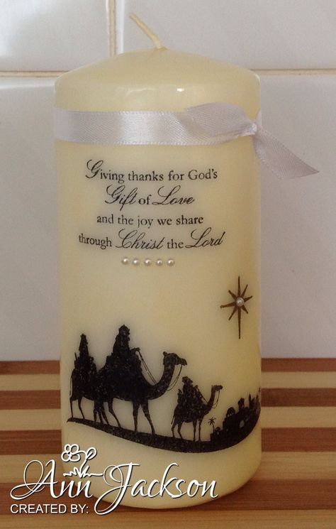 First attempt stamping on a candle. Used Stampin' Up's 'Come to Bethlehem' stamp set. Stamped Candles, Candle Transfer, Candle Stamping, Holiday Treats Christmas, Christmas Craft Fair, Stamp Tutorial, Stampin Up Project, Candle Making Supplies, Candle Craft